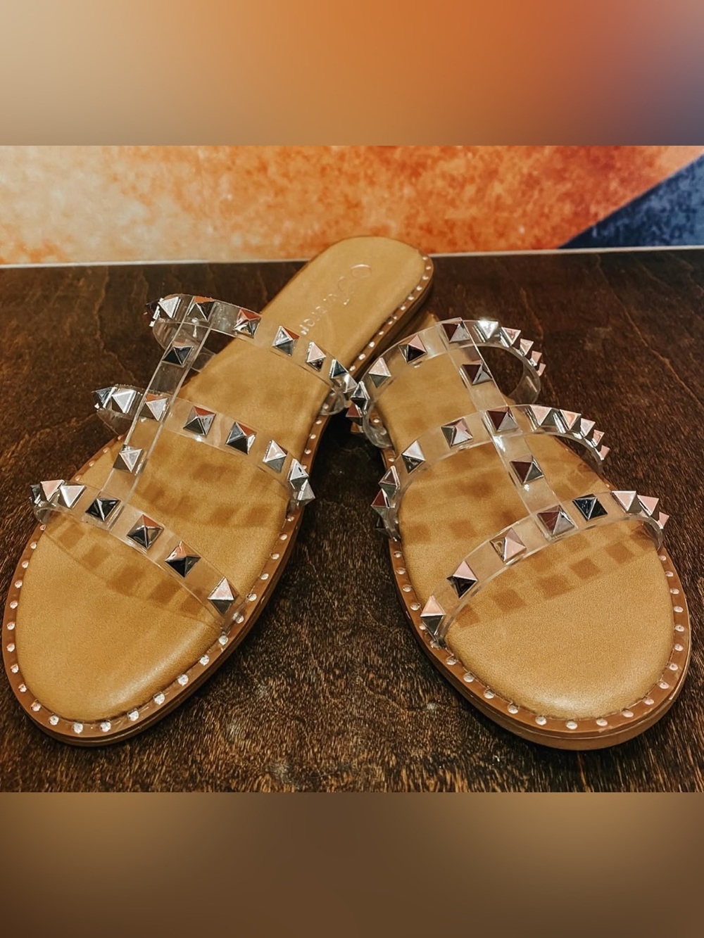 Clear Strappy Slide Sandals with Tan Footbed and Silver Studs